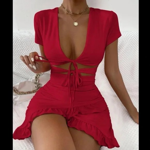 BNWT SHEIN Burgundy Tied Cutout Front Ruffle Trim Wrap Hem Mini Dress - Picture 3 of 8